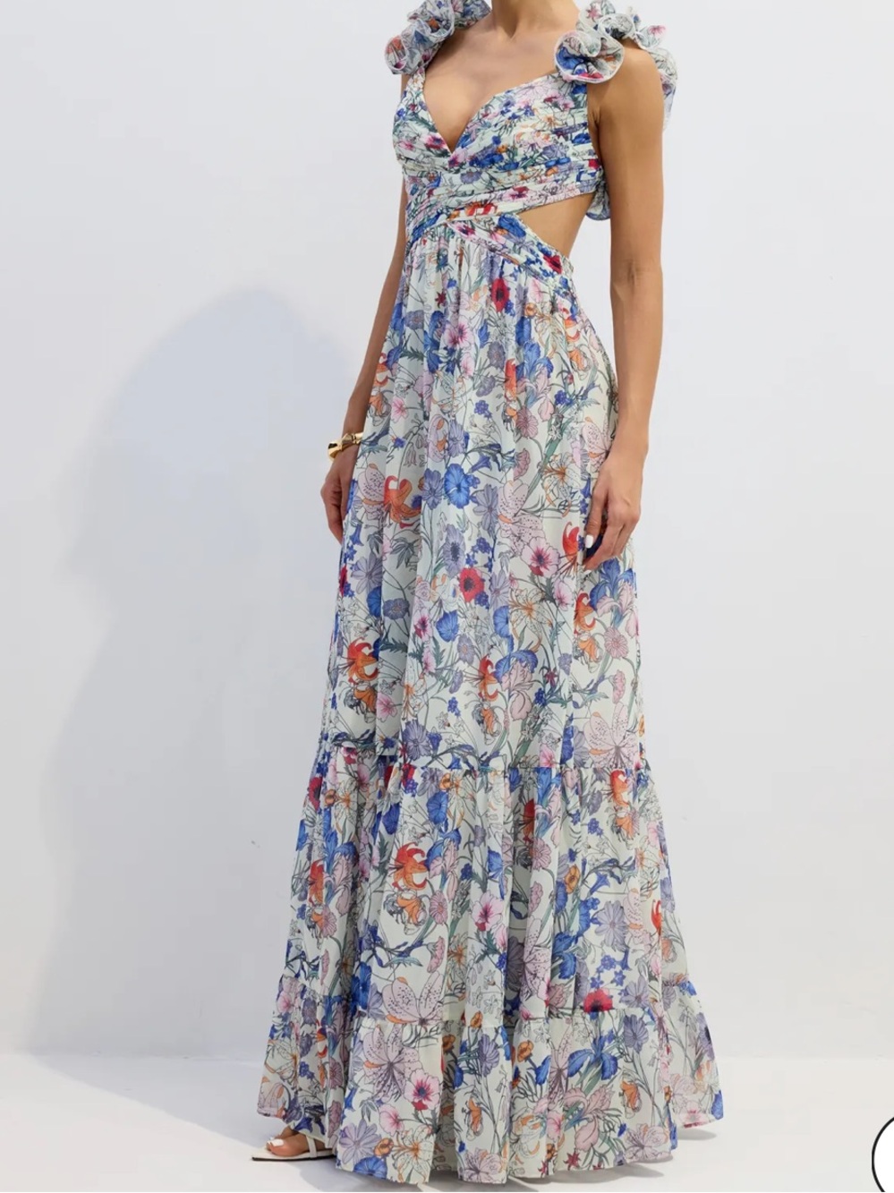 🆕 Marissa Cut-out Ruffle Floral Cutout Maxi Dress in White with Multicolor Print